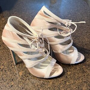 Blue by Betsey Johnson Mila caged champagne satin heels